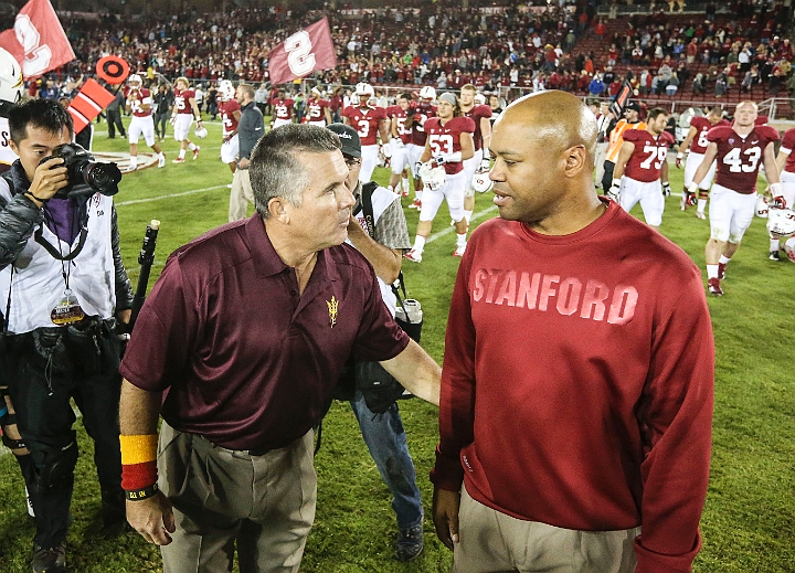 2013StanfordASU-045.JPG - Sept.21, 2013; Stanford, CA, USA; Stanford Cardinal head coach David Shaw (right) and Arizona State Sun Devils head coach Todd Graham (left) meet after game at Stanford Stadium. Stanford defeated Arizona State 42-28.